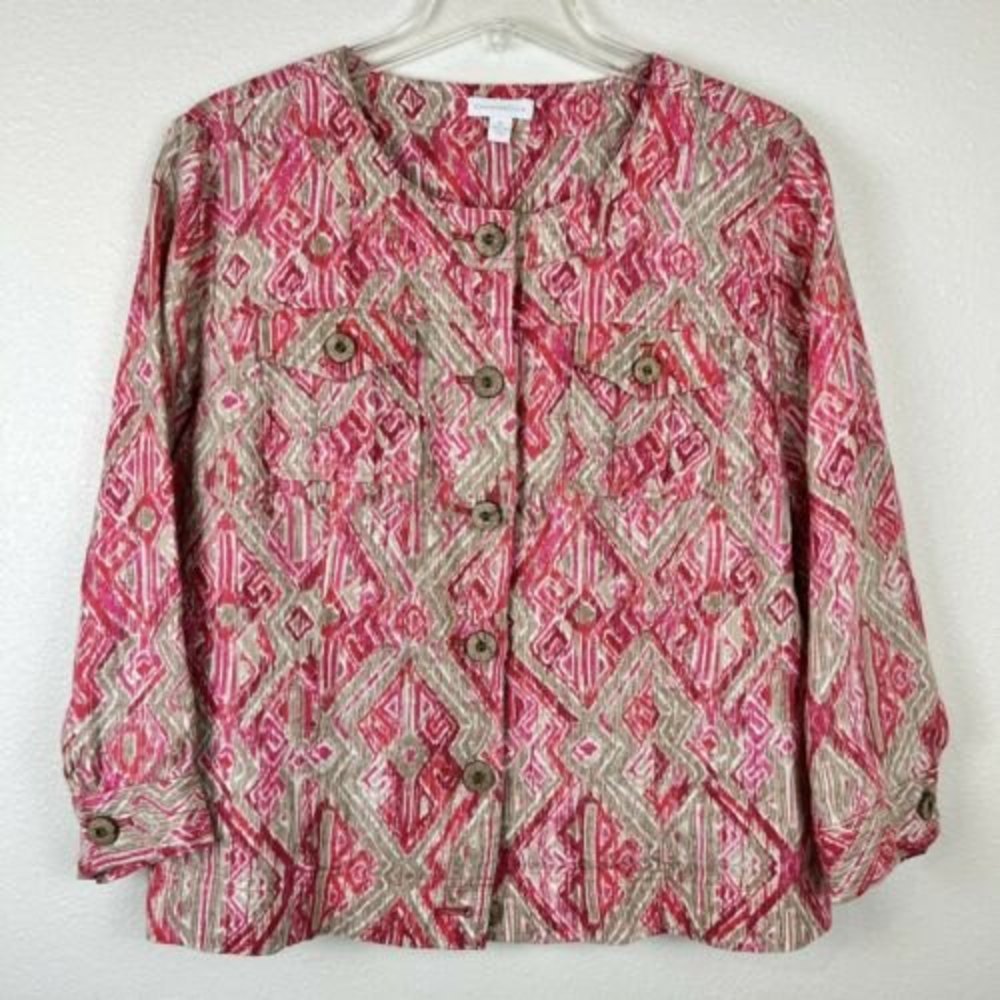 Charter Club XL 100% Linen Button Up Pink Southwestern Shirt Jacket